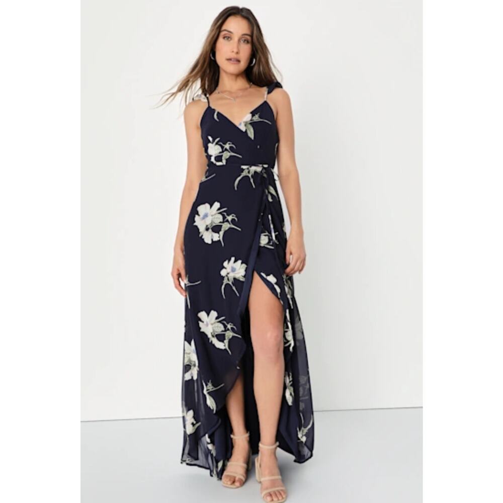 Lulus navy blue floral print wrap dress side slit maxi gown